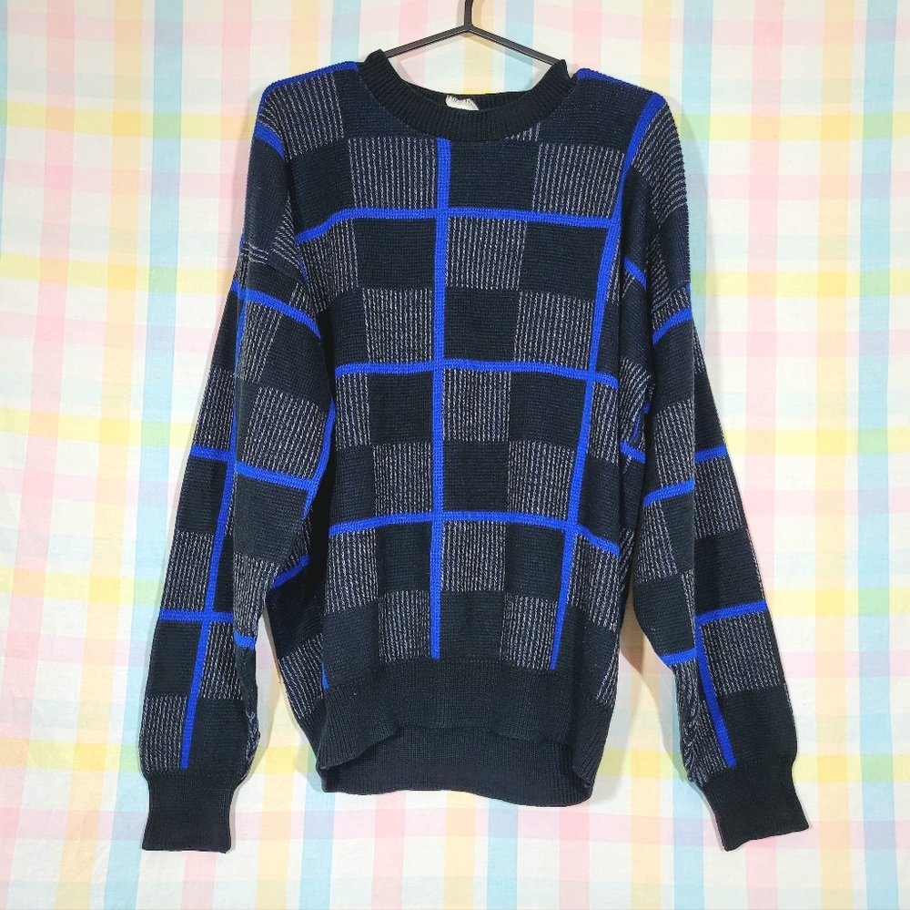 Vintage chunky knit grandpa sweater blue black plaid checkered jumper acrylic